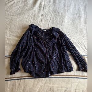 DÔEN navy Ethel Ruffled Embroidered Organic Cotton-Voile Blouse